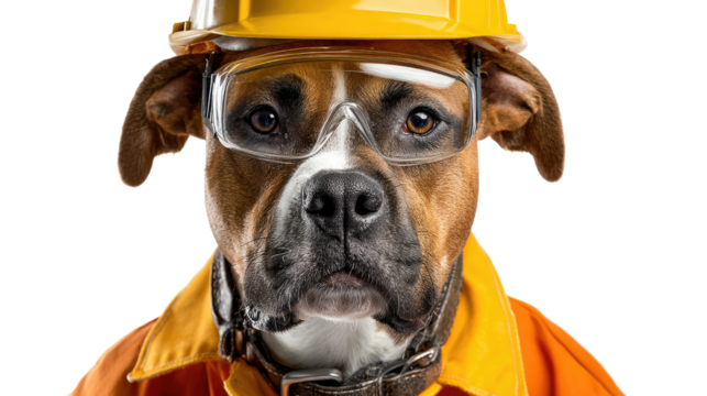Canine Construction Worker: A diligent dog embodies the spirit of hard work, donning a safety helmet and glasses, ready to tackle any project with determination and resolve.