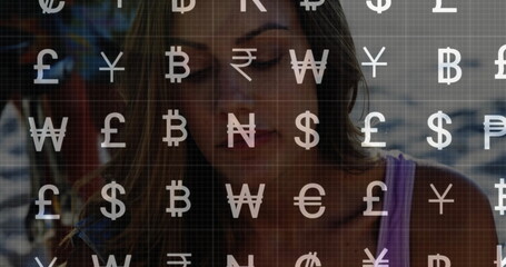 Contemplating woman wearing pink tank top looking downward dockside, with currency grid overlay