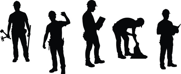 Construction worker silhouette set—five poses with tools, clipboards, and active stances for industrial design, safety training, and editorial use