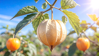 A close-up of a golden berry fruit, with leaves and other berries in the background.