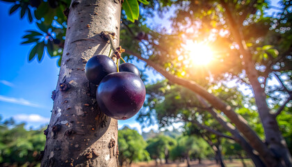 Close-up of jabuticaba fruit growing on a tree trunk, bathed in sunlight.