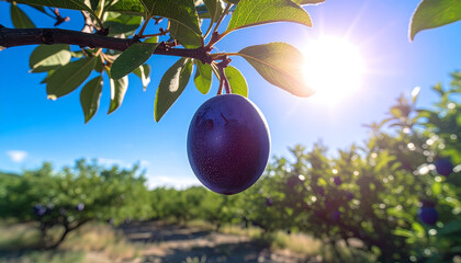 A ripe plum hangs from a tree branch, bathed in sunlight, with a blurred orchard background.