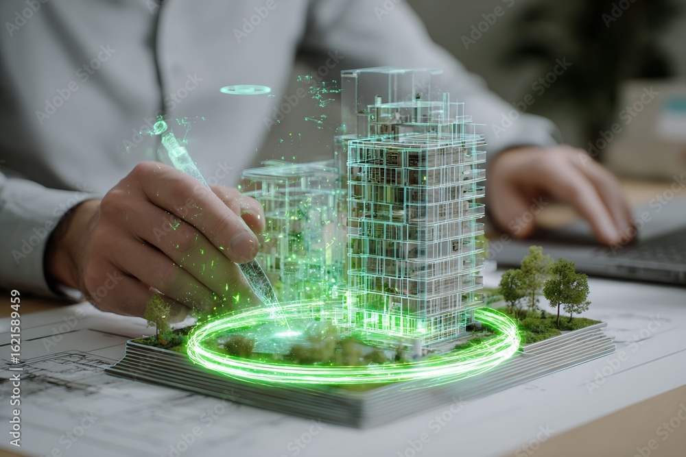 Poster architectural design visualization with holographic building model