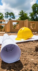 Blueprint construction hard hat architecture building safety planning outdoor wood site—Blueprint and yellow hard hat ground construction site with wooden frame structure safety and planning