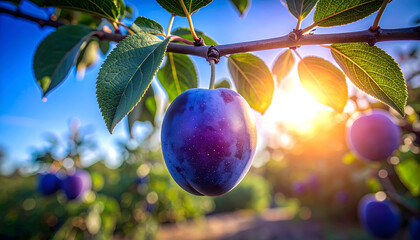 A vibrant plum hangs from a branch, bathed in sunlight, showcasing nature's bounty.