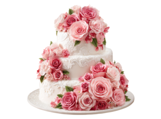 Elegant three tier wedding cake adorned with pink sugar roses. Isolated On Transparent Background