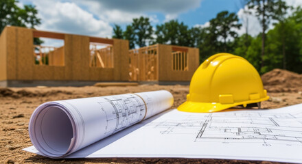 Blueprint construction architecture safety hard hat house building planning outdoor summer residential and teamwork are shown this of construction site with yellow hard hat and blueprints