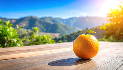 A vibrant orange sits on a wooden table, with a scenic mountain backdrop bathed in sunlight.