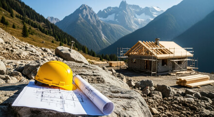 Yellow hard hat construction blueprint mountain house wood scaffolding rocky terrain outdoor sunny architecture. yellow hard hat and construction blueprints rest rocky ground with wooden house
