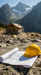 Mountain construction house blueprint architecture safety helmet wood outdoor landscape. wooden house construction scenic mountain landscape with blueprints and yellow safety helmet foreground