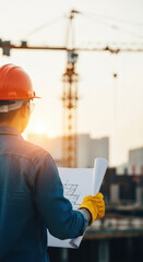 Construction worker blueprint safety helmet yellow gloves outdoor building site crane city planning engineering. Confident professional overseeing urban construction project at sunset
