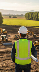 Construction site supervisor wearing safety vest and helmet observes heavy machinery and earthmoving equipment working on rural landscape with green fields and distant mountains