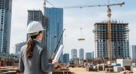 Female engineer construction site blueprint skyscraper urban development modern city planning professional safety helmet