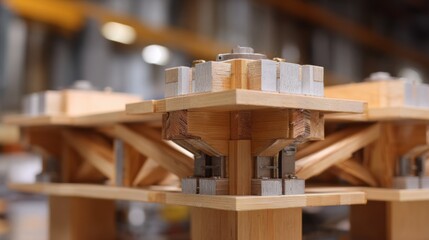 Medium shot showing detailed timber joints of a midrise core tested on a seismic shaketable emphasizing the structural connections while background components remain blurred.