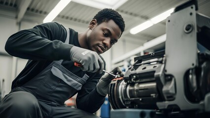 Young man repairing industrial machine in workshop