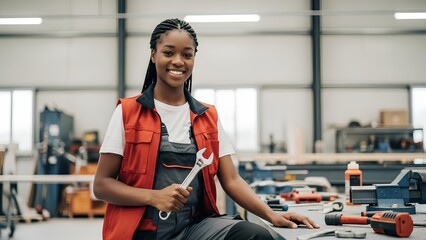 Young woman mechanic holding wrench in workshop smiling