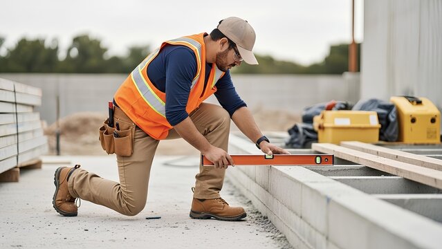 Tradesman checking level of concrete foundation at construction site