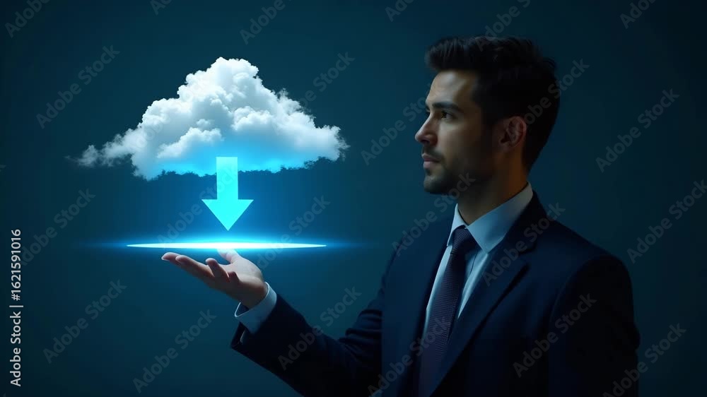 Poster flat businessman demonstrating virtual glowing cloud computing for data transfer, loading, and uploa
