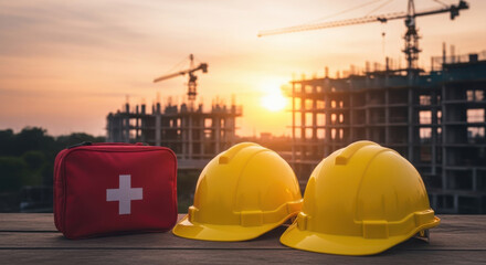 Two yellow safety helmets and red first aid kit rest on wooden surface at construction site during sunset, with cranes and unfinished buildings in background