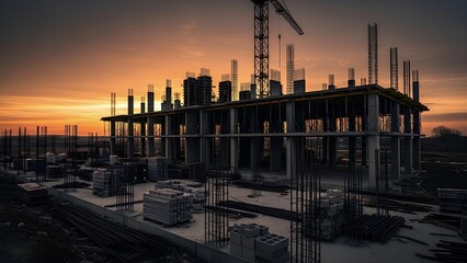Obraz premium Building construction site with steel rebar and crane at sunset