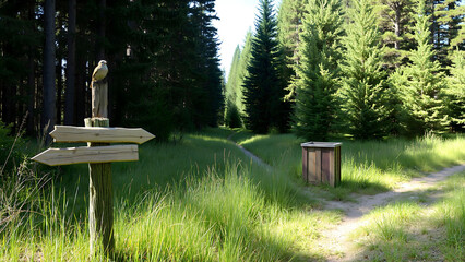 Forest crossroads with trails, wooden signs with a bird. Spruce summer forest, natural environment with a trash can. Environment, forest summer still life. Background.