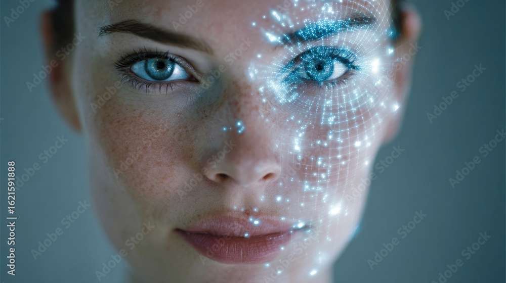 Aufkleber female face featuring glowing grid scan and digital symbols for age reduction with an open left marg