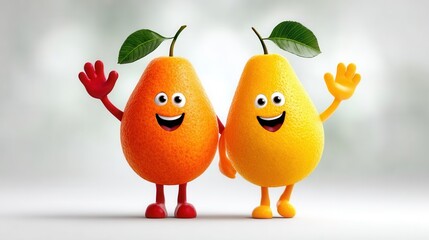 Two Happy Pears Stand Together and Wave Their Arms Cheerfully
