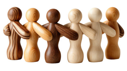 Wooden Figures of Solidarity: An evocative display of six wooden figures, each with a unique skin tone, stand in a close embrace, epitomizing harmony, and unified support.