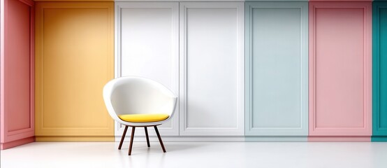 Modern White Chair With Yellow Cushion Sitting Against Pastel Color Cabinets