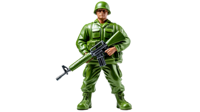 Soldier Figure Ready for Action: A stoic soldier figurine, clad in vibrant green uniform and helmet, stands at attention, holding a rifle, poised for duty.