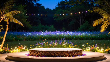 A magical garden scene with a circular stage, illuminated flowers, and string lights creating a whimsical and enchanting atmosphere.