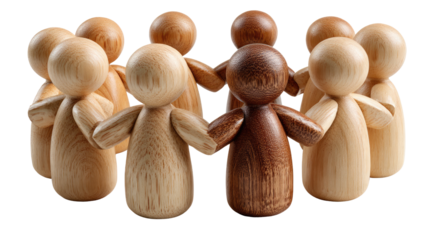 United in Embrace: A circle of wooden figures, each unique in shade and style, stand hand-in-hand, symbolizing unity and the beauty of diversity. An emotional and visual metaphor for inclusion.