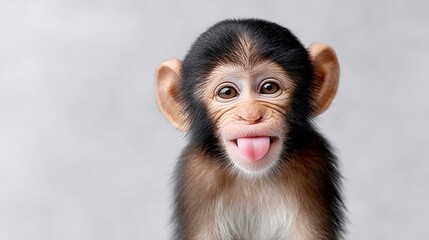 Cute Baby Chimpanzee Sticks out Its Tongue Against a Soft Grey Background
