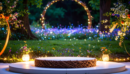 A magical outdoor wedding stage with floral arrangements, string lights, and a whimsical, romantic atmosphere.