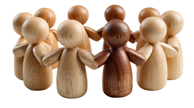 United in Embrace: A circle of wooden figures, each unique in shade and style, stand hand-in-hand, symbolizing unity and the beauty of diversity. An emotional and visual metaphor for inclusion.