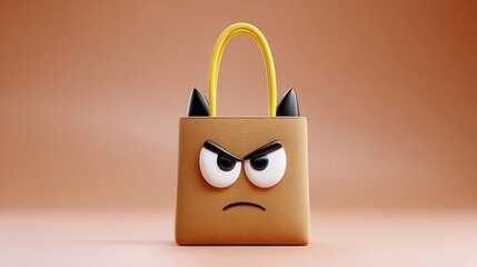 Angry Brown Tote Bag With Yellow Handles and Black Horns on a Beige Background