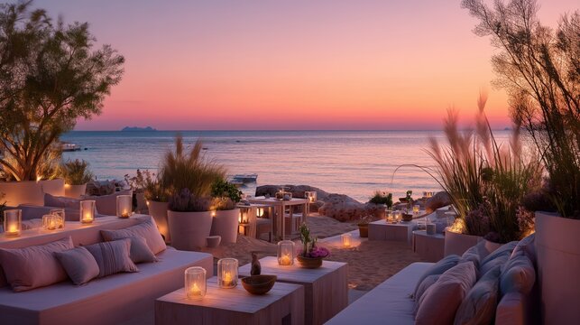 elegant balearic beach bar at sunset with lounge decor and ocean view