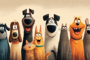 Cartoon Dogs and Cats Smiling Gleefully Together on Beige Background