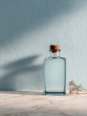 Glass Container With Light Blue Liquid on Marble Surface With Cork Stopper