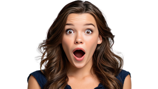 Startled Expression: A portrait of a surprised young woman. Her wide eyes and open mouth convey shock and disbelief. A candid shot that captures a genuine reaction.