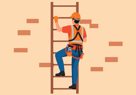 Construction worker climbing a ladder on a brick wall. - Powered by Adobe