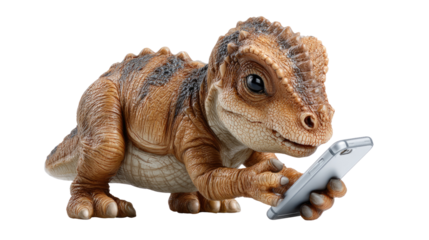 Dinosaur with Smartphone: A curious baby dinosaur, embodying a blend of prehistoric charm and modern tech, engrossed in its smartphone. The juxtaposition of ancient and contemporary.