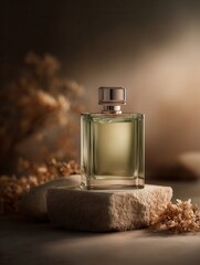 Elegant Perfume Bottle Sitting on a Stone Block With Dried Flowers Around It in Studio Setting
