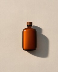 Amber Bottle With Wooden Cap Casting Shadow on Pale Background