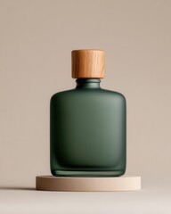 Dark Green Glass Bottle With Wood Cap Sits on Beige Platform