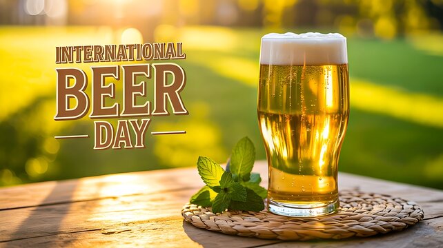 International beer day with glass of cold beer and green mint outdoors - Powered by Adobe