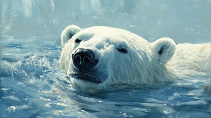 Fototapeta premium Arctic Polar Bear Floating on Water; Misty Mountain Background
