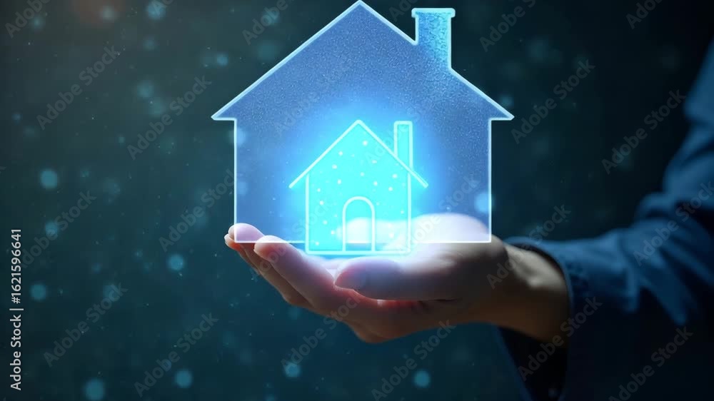 Poster flat hand holding holographic home icon with smart security features floating in empty space - a sim