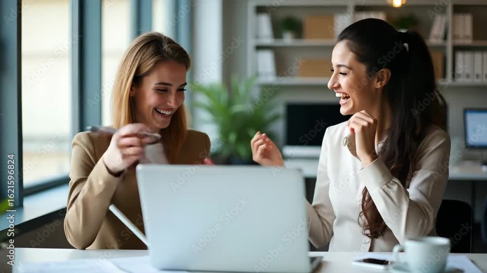 Aufkleber smiling businesswomen collaborate at office desk using laptop and writing notes - fostering teamwork