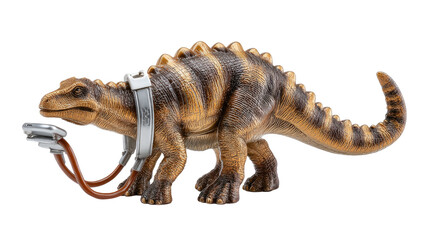 Naklejka premium Dinosaur with Stethoscope: A meticulously detailed model of a prehistoric dinosaur is playfully depicted wearing a stethoscope, capturing the curiosity of the past.